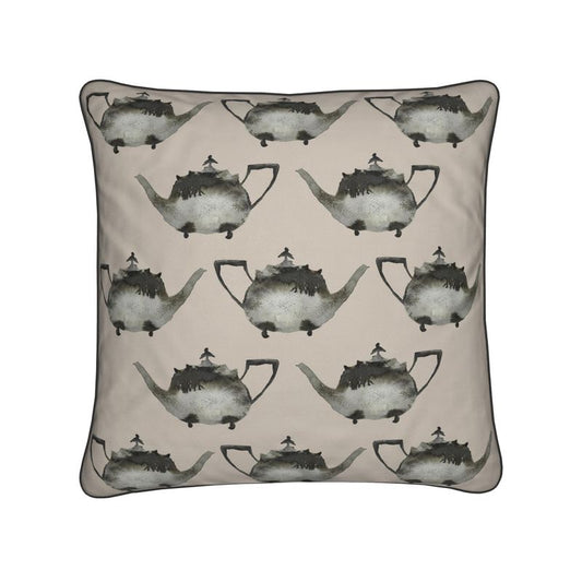 Elegant Cushion with Silver Teapot Design in Mushroom