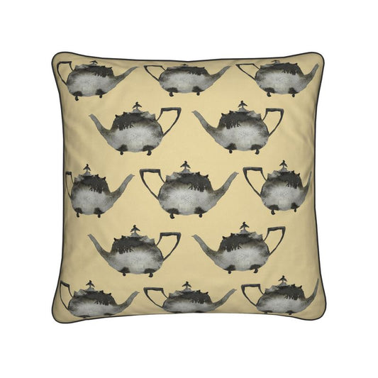 Elegant Cushion with Silver Teapot Design in Mustard