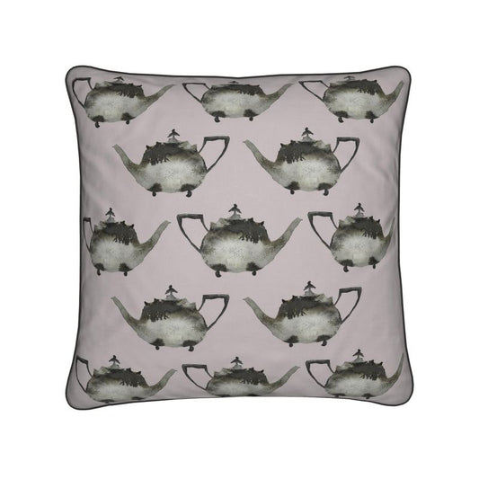 Elegant Cushion with Silver Teapot Design in Sugared Plum