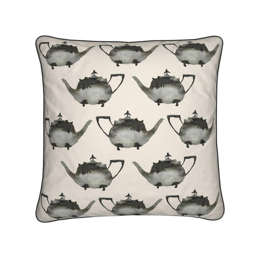 Elegant Cushion with Silver Teapot Design in Cream