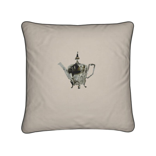 Elegant Cushion with Single Silver Teapot Jug Design in Mushroom