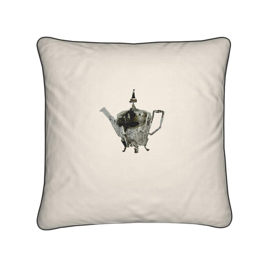 Elegant Cushion with Single Silver Teapot Jug Design in Cream