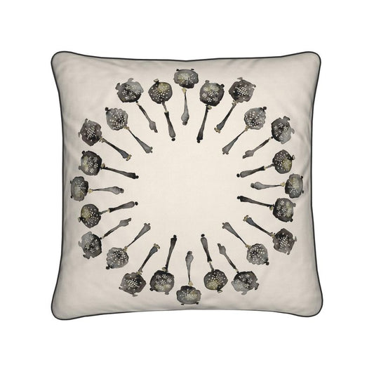 Soft Velvet Cushion with Silver Tea Strainer Spin Design in Cream