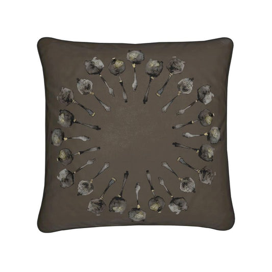 Elegant Cushion with Silver Tea Strainer Design in Peppercorn