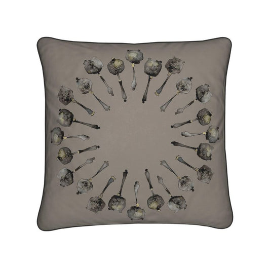 Soft Velvet Cushion with Silver Tea Strainer Spin Design in Truffle