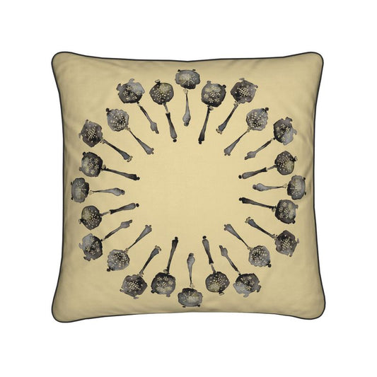 Elegant Cushion with Silver Tea Strainer Spin Design in Mustard