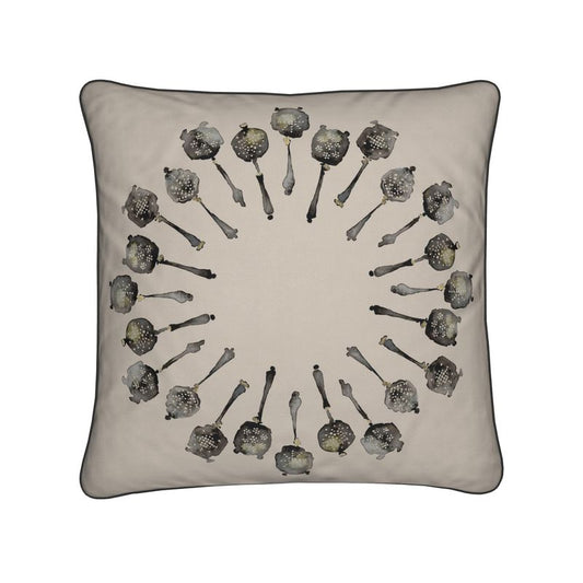 Elegant Cushion with Silver Tea Strainer Spin Design in Mushroom