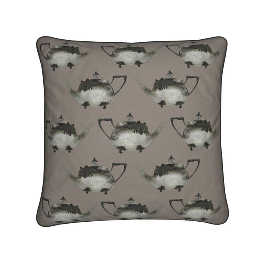 Elegant Cushion with Silver Teapot Design in Truffle