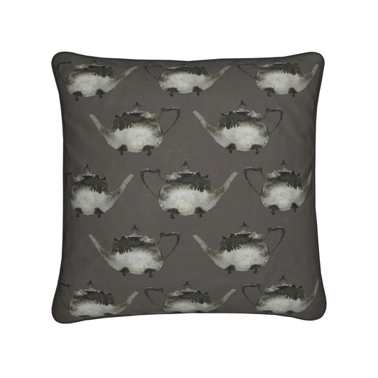 Elegant Cushion with Silver Teapot Design in Peppercorn