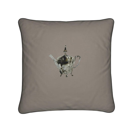 Elegant Cushion with Single Silver Teapot Design in Truffle