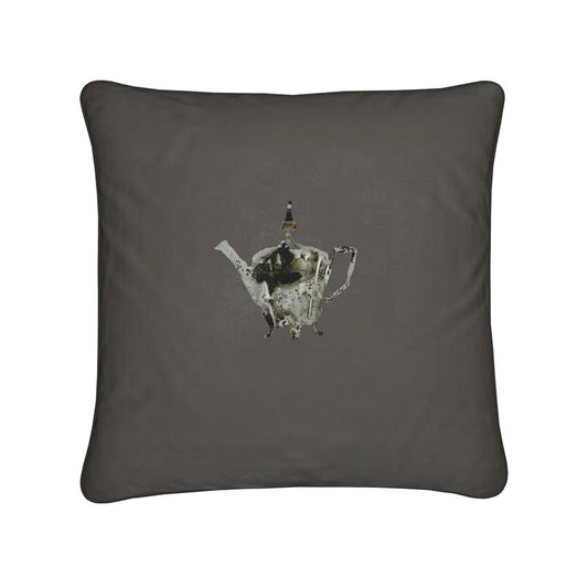 Elegant Cushion with Single Silver Teapot Design in Peppercorn