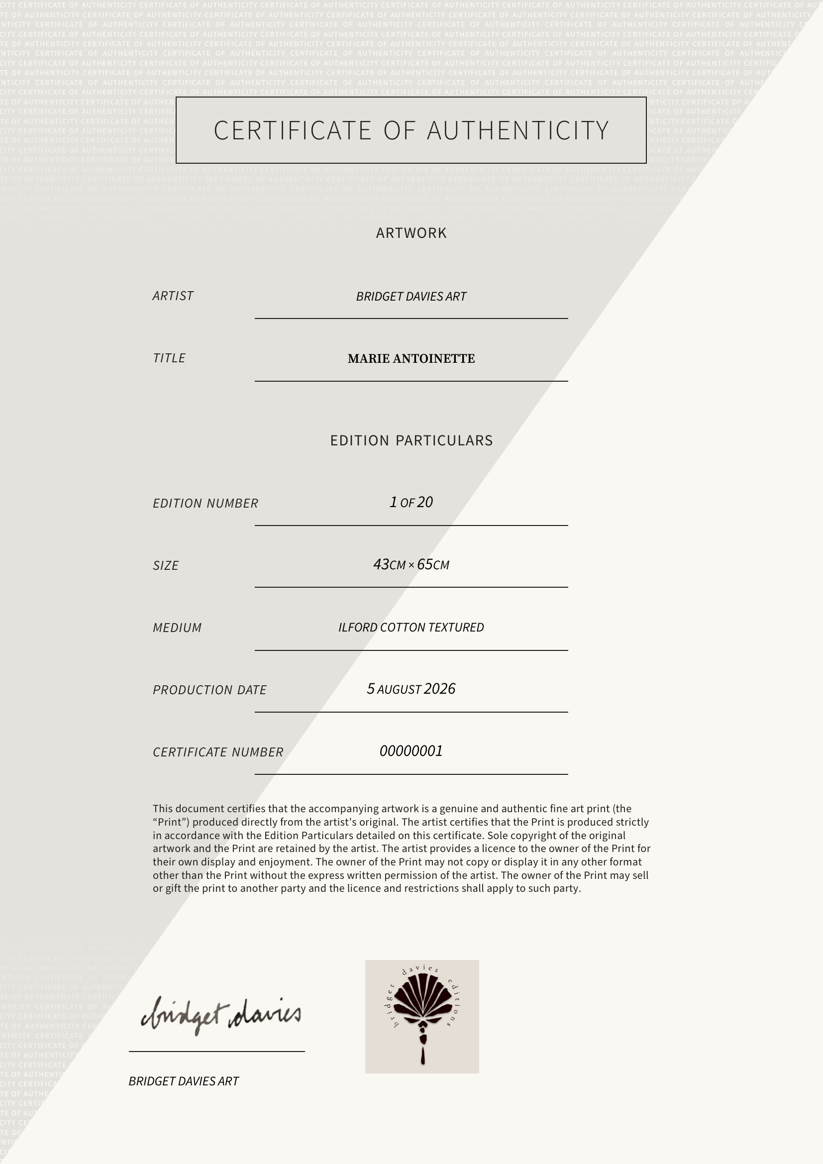Marie Antoinette — Certificate of Authenticity